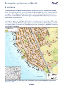 Kart over kartleggingsområdet i Strand kommune med bygningsplassering, veier og kystlinje.