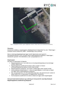 Et flyfoto eller satellittbilde av eiendom med overlagte reguleringsplaner (grønt og lilla) og en markert gangdekke (grønn linje).