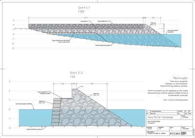 Snittegning som viser tverrsnitt gjennom en bergmasse med angitte nivåer, materialer og konstruksjoner.
