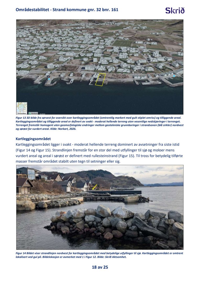 Fotografier av et kystområde med hus, havn og steinmurer, inkludert et luftfoto og et nærbilde av strandlinjen.