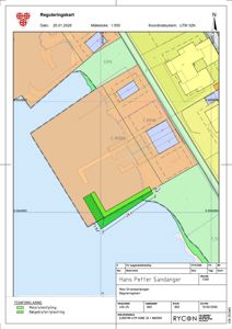 Reguleringskart som viser eiendomsinndeling, arealbruk (f.eks. BSB8, GF8) og planlagte tiltak (molo/steinfylling) for eiendommen til Hans Petter Sandanger.