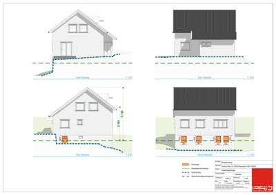 Bildet viser en fasadetekning med fire utsnitt av en bolig (vest, sør, øst, nord) med mål og skaleringsangivelser.