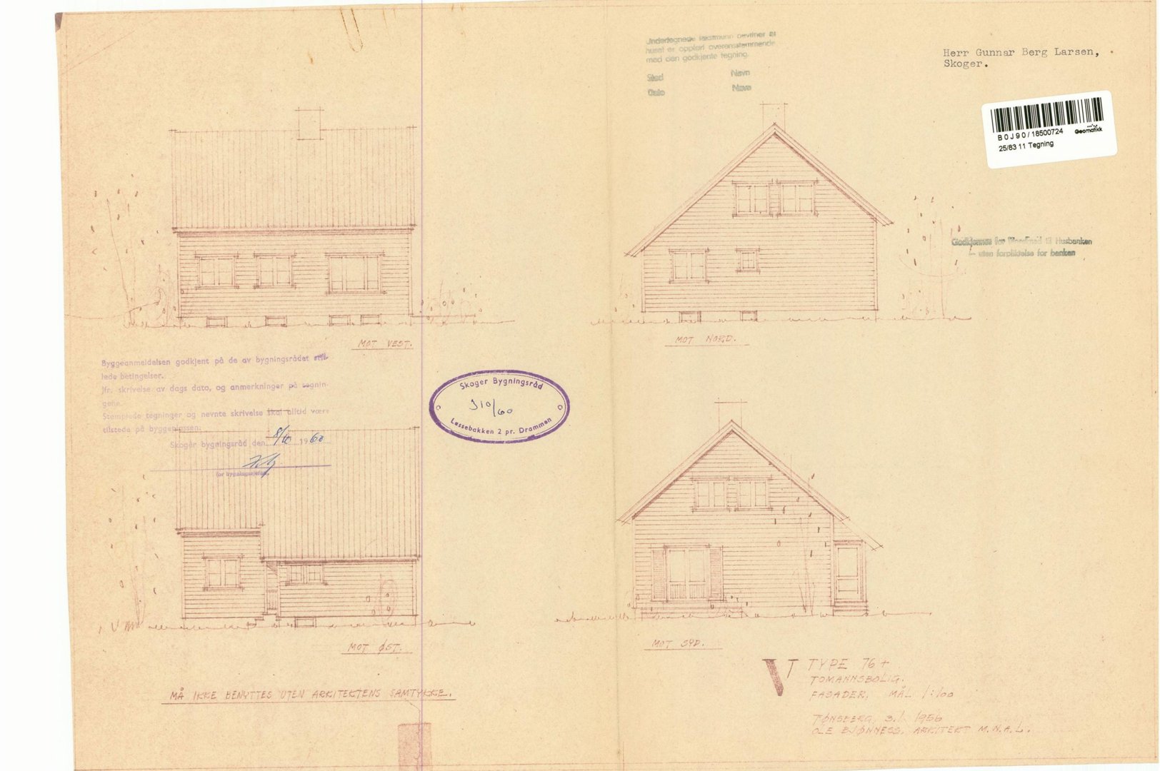 Bildet viser en tegning med fasadeoppriks (front- og sideutsikt) av et hus.