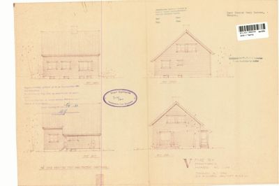Bildet viser en tegning med fasadeoppriks (front- og sideutsikt) av et hus.