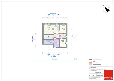 Etasjeplan for kjelleretasje med romfordeling, mål og fasadeindikasjoner