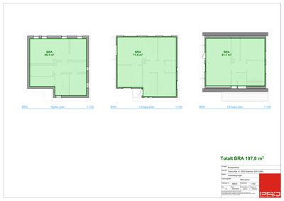 Bildet viser etasjeplaner for tre nivå (kjeller, 1. etasje og 2. etasje) med romareal (BRA) og en total oppsummering.