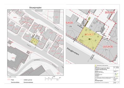 Situasjonsplan som viser eiendomsflater, eiendomstekster, nabobegrensninger og bygningers plassering i forhold til hverandre og veier.