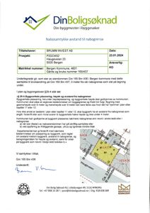 Situasjonsplan som viser eiendomsnummer, nabotomter og avstandsmålinger for nabosamtykke.