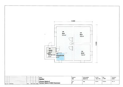 Plantegning av kjelleretasje med romnummer, areal og funksjon (bod, vaskerom, gang).