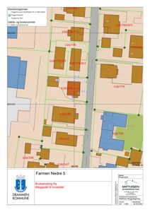 Situasjonsplan som viser eiendomsgrenser, bruksnummer og tomtsplassering i forhold til nabolag.