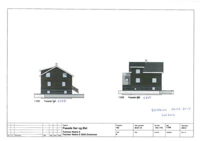 Fasadetegning som viser bygningens utseende fra sør og øst.