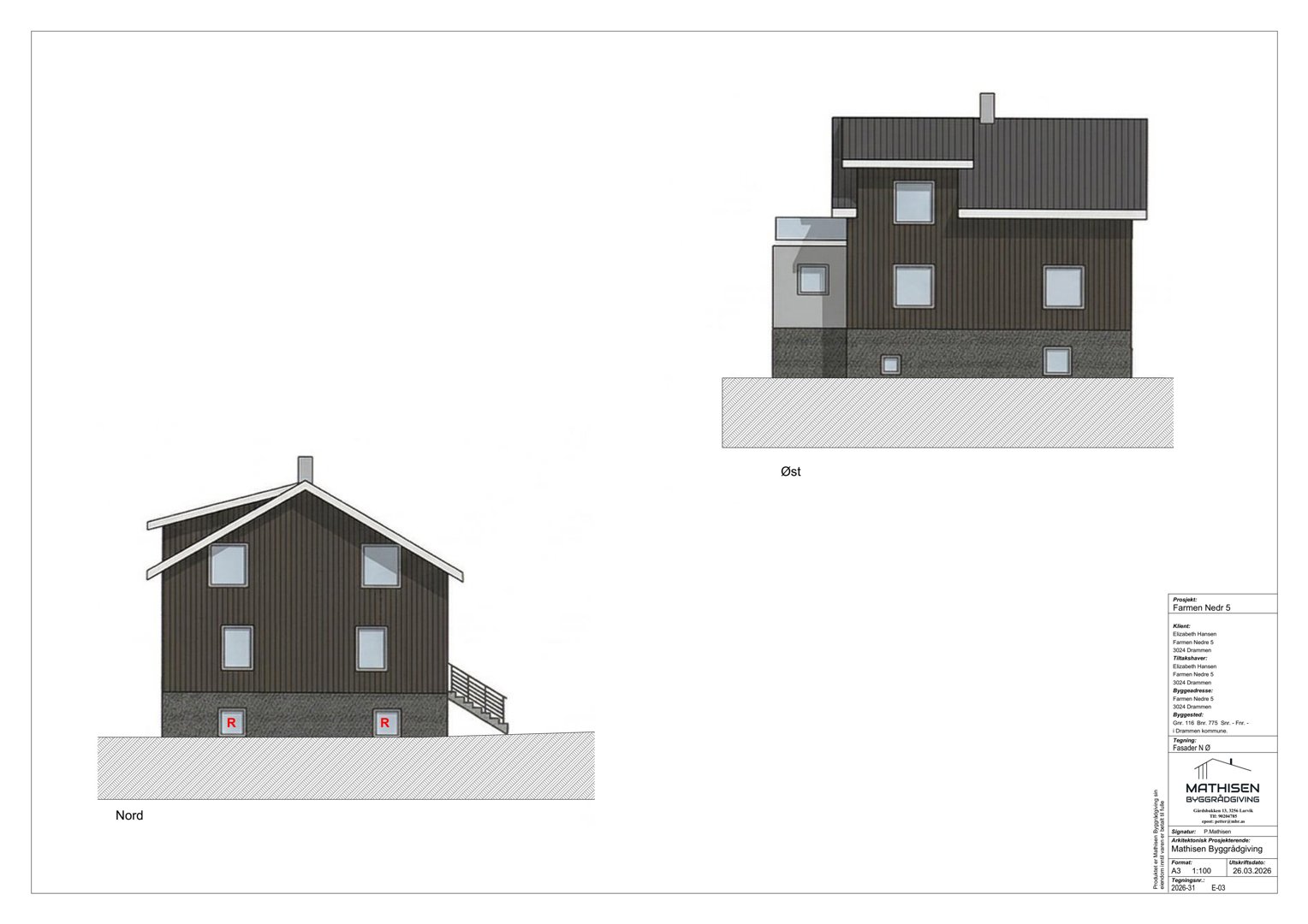 Fasadetegning som viser bygningens utseende fra Nord og Øst.