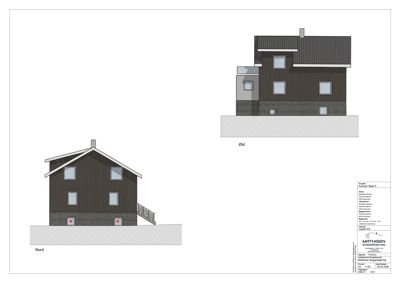 Fasadetegning som viser bygningens utseende fra Nord og Øst.