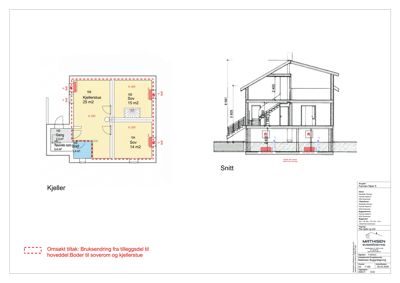 Bildet viser en tegning med etasjeplaner for kjelleretasje (venstre) og et snitt (høyre) av en bolig. Det er også en tekstbeskrivelse av et omsøkt tiltak.