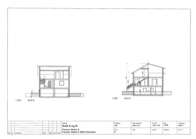 Snittegning (Snitt A og B) som viser tverrsnittet gjennom huset med høydemål og romfordeling.