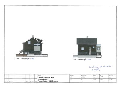 Fasadetegning som viser bygningens utseende sett fra nord og vest.