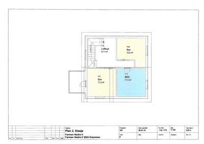Etasjeplan (Plan 2) som viser romfordeling, arealer og plassering av dører og trapp for etasjen.