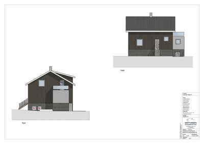 Fasadetegning som viser bygningens utseende fra to sider (Syd og Vest).