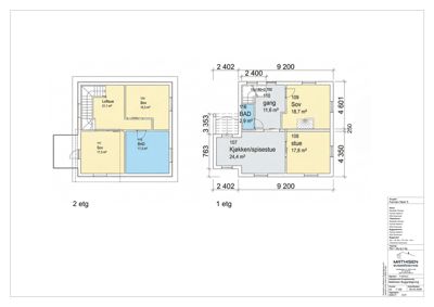 Plantegning som viser romfordeling og mål for 1. og 2. etasje.