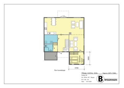 Plantegning av hovedetasjen i en bolig, som viser romfordeling, møblering og dimensjoner.