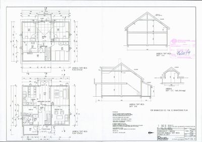 Bildet viser en tegning med etasjeplaner (Plan 1. etasje og Plan 2. etasje) og snittegninger (Snitt A-A og Snitt C-C) for en bygning.