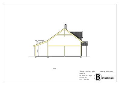 Snittegning som viser tverrsnittet av en bygning med mål og konstruksjonsdetaljer.