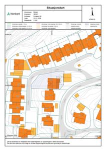 Situasjonskart som viser eiendomsgranser, eiendomsnummer, vegnetter og topografi for eiendommen på Feråsen 99 i Bergen.