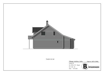 Fasadetegning av en bolig med tilbygg, vist fra sør.