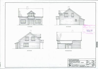 Fasadetegning som viser fire ulike vinkler på en husmodell (stuefasade, gavelfasade, sidefasade og inngangsfasade).