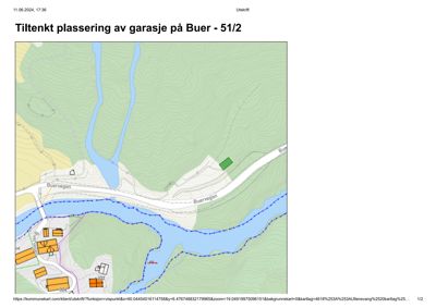 Kart som viser topografi, vassdrag og plassering av eiendom (grønt felt) i forhold til nabolag.