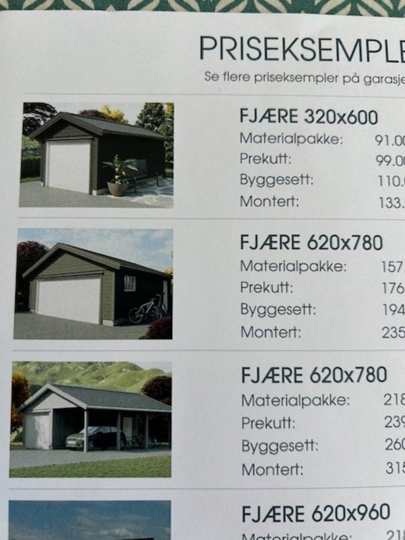 Bildet viser en prisliste med 3D-visualiseringer (renderinger) av ulike garasjemodeller.
