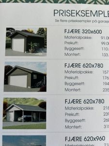 Bildet viser en prisliste med 3D-visualiseringer (renderinger) av ulike garasjemodeller.