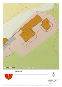 Kartutsnitt som viser tomtens topografi (konturlinjer), nabogrenser (røde streker), og plassering av bygninger i forhold til terrenget.