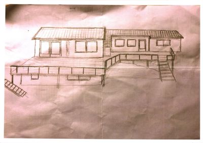 En håndtegnet oppriss (perspektivtegning) av en bygning sett fra utsiden, som viser fasade, tak, vinduer, dører, trapper og en veranda.