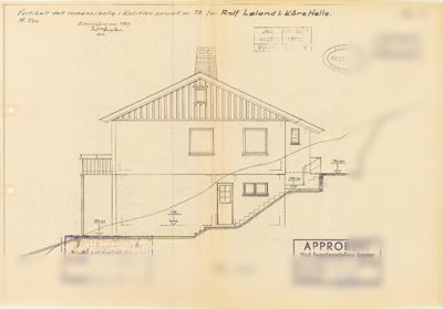 Snittegning (vertikalt snitt) av en tomt med hus og terrengforhold