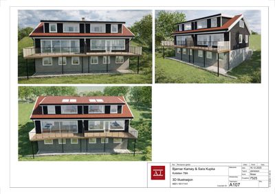 Tre 3D-visualiseringer av en planlagt bolig (fra ulike vinkler) med arkitekttegning i bunnen.