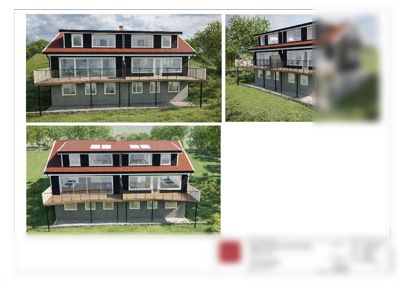 Tre 3D-visualiseringer av en planlagt bolig (fra ulike vinkler) med arkitekttegning i bunnen.