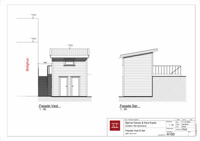 Tegning som viser fasadeoppsett for en sportsbod sett fra vest og sør.