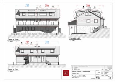 Fasadetegning som viser bygningens utseende fra tre sider: Vest, Øst og Sør.