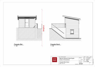 Fasadetegning som viser bygningens utseende sett fra øst og nord, inkludert detaljer som vinduer, dører, trapp og bolighus.