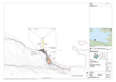 Situasjonsplan som viser bygningens plassering i forhold til terrenget, naboeiendommer og infrastruktur.