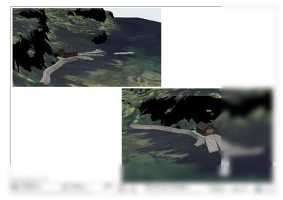 3D-visualisering av en flytebrygge og en hytte i et kystlandskap.