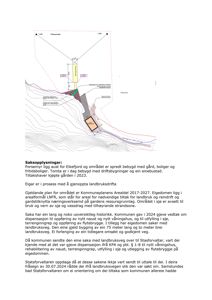 Situasjonsplan som viser tomtens beliggenhet i forhold til Eikefjord, eksisterende bebyggelse, landbruksveg, sjø og vassdrag. Planen illustrerer også tiltak som oppføring av nytt naust, våningshus, terrenginngrep og utlegging av flytebrggygge.