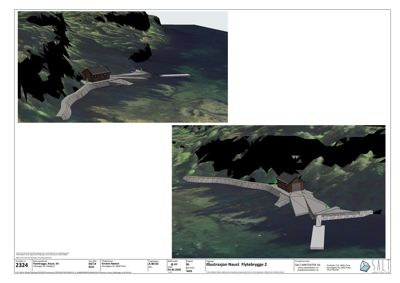 3D-visualisering av en flytebrygge og en hytte i et kystlandskap.