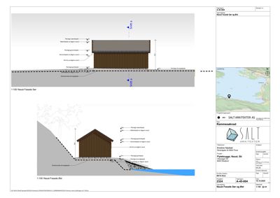Snittegning (Snitt a-a) som viser bygningens tverrsnitt, høyder og grunnforhold for fasadene mot sør og øst.