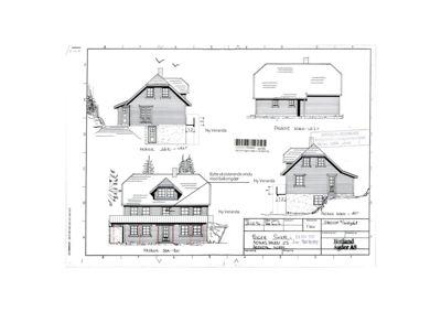 Fasadetegning som viser bygningens utsyn fra fire ulike vinkler (Sør, Vest, Nord og Øst) med merknader om endringer.