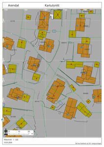 Kartutsnitt over Arendal som viser eiendommer, vegnett og grunntegning.