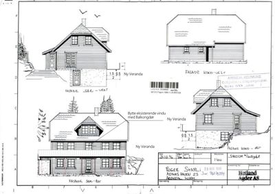 Fasadetegning som viser bygningens utsyn fra tre ulike vinkler (vest, sør og øst) med notater om endringer som ny veranda og vindu.
