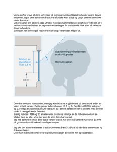 En tegning som illustrerer et krav om avskjerming av horisonten (maks 45 grader) sett fra en nabo, med angivelse av glassflate og høyde.