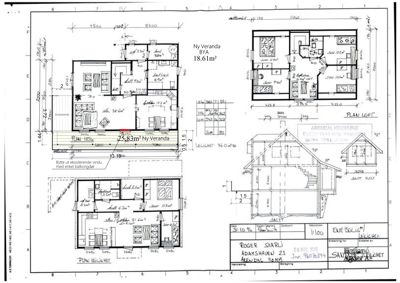 Bildet viser en tegning med flere etasjeplaner (1. og 2. etasje) samt situasjonsplan for en ny veranda, inkludert mål og romfordeling.